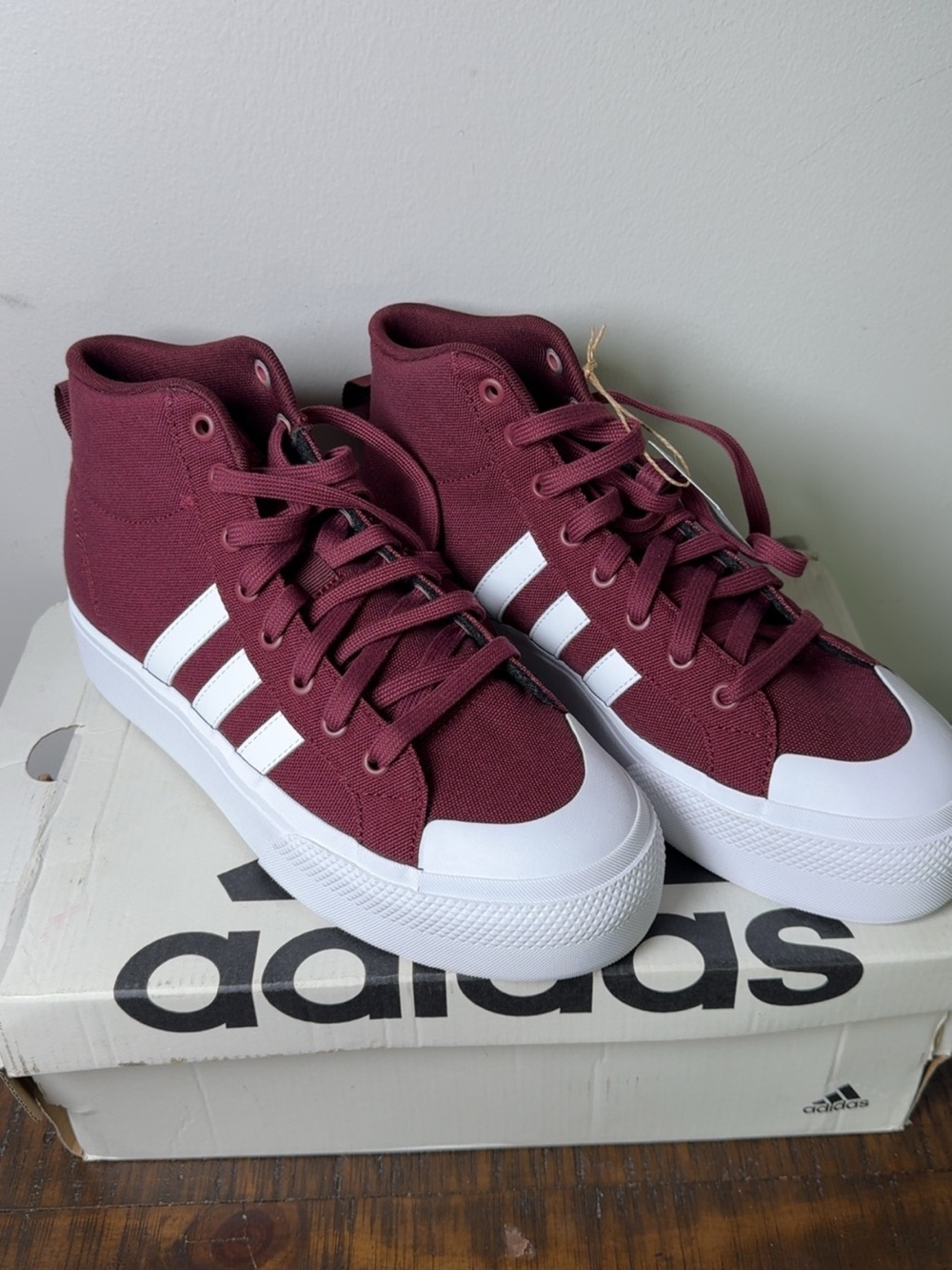 adidas Maroon High-Top Sneakers with White Stripes